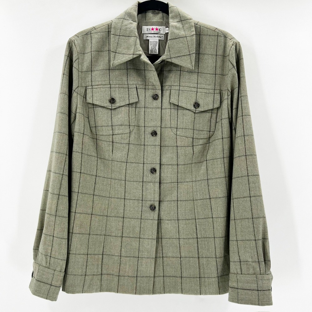 Isaac Mizrahi Wool Shirt Jacket Women 10 Green Plaid Windowpane Shacket
